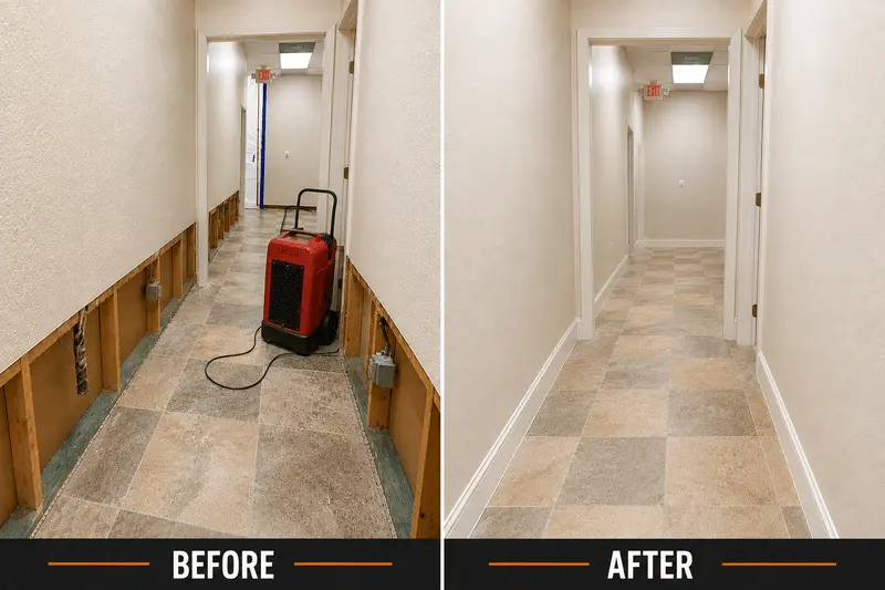 Before and after: water-damaged hallway