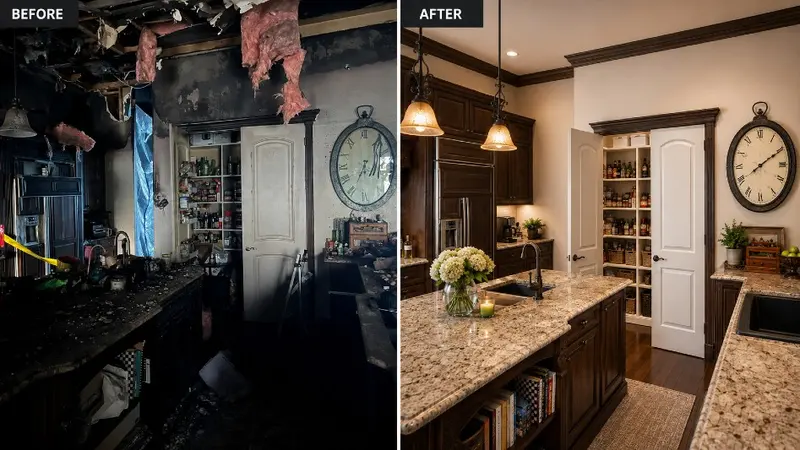 Before and after: fire-damaged kitchen