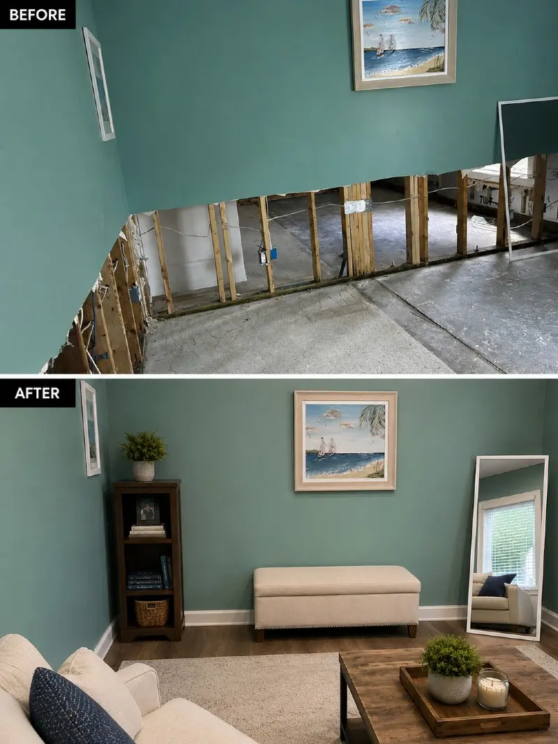 Before and after: den repairs